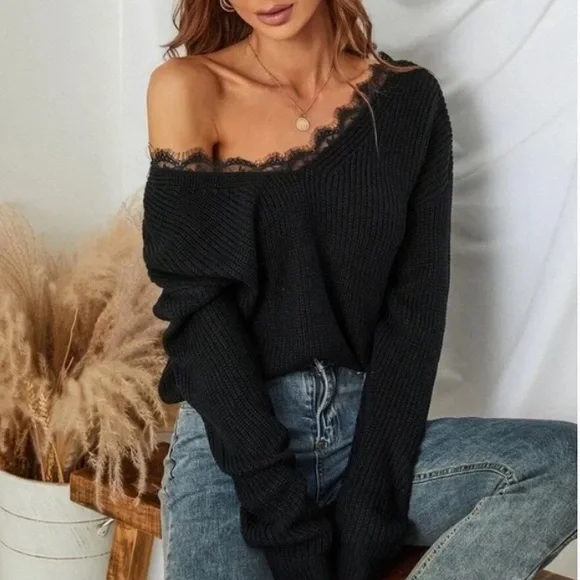 Boho Black Lace Off Shoulder Sweater Top Black